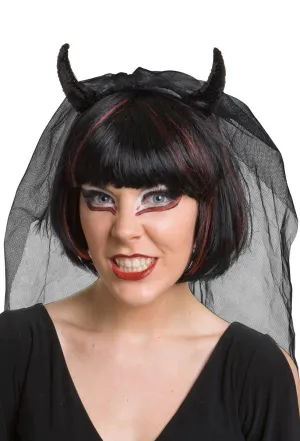 Sequined Black Devil Horns with Mesh Veil