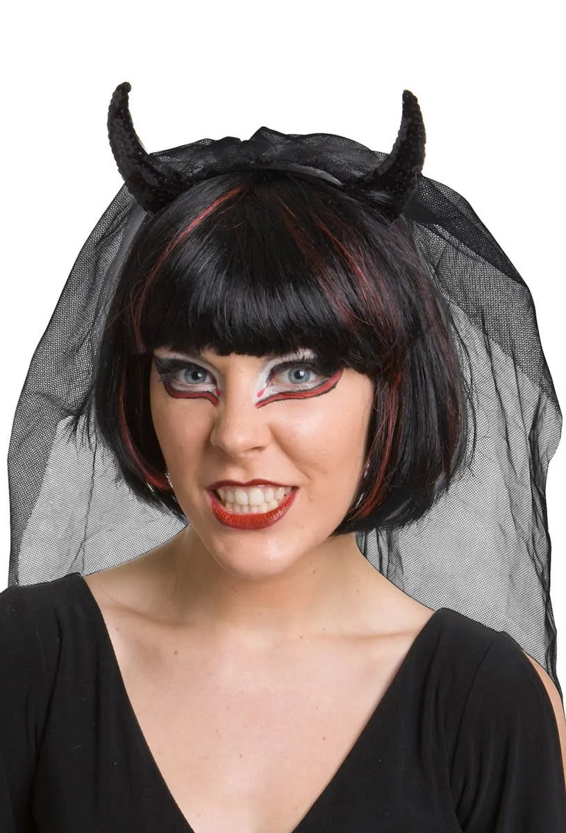 Sequined Black Devil Horns with Mesh Veil
