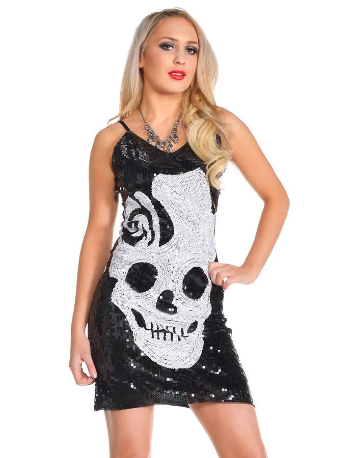 Sequined Black Gothic Skull Womens Halloween Costume