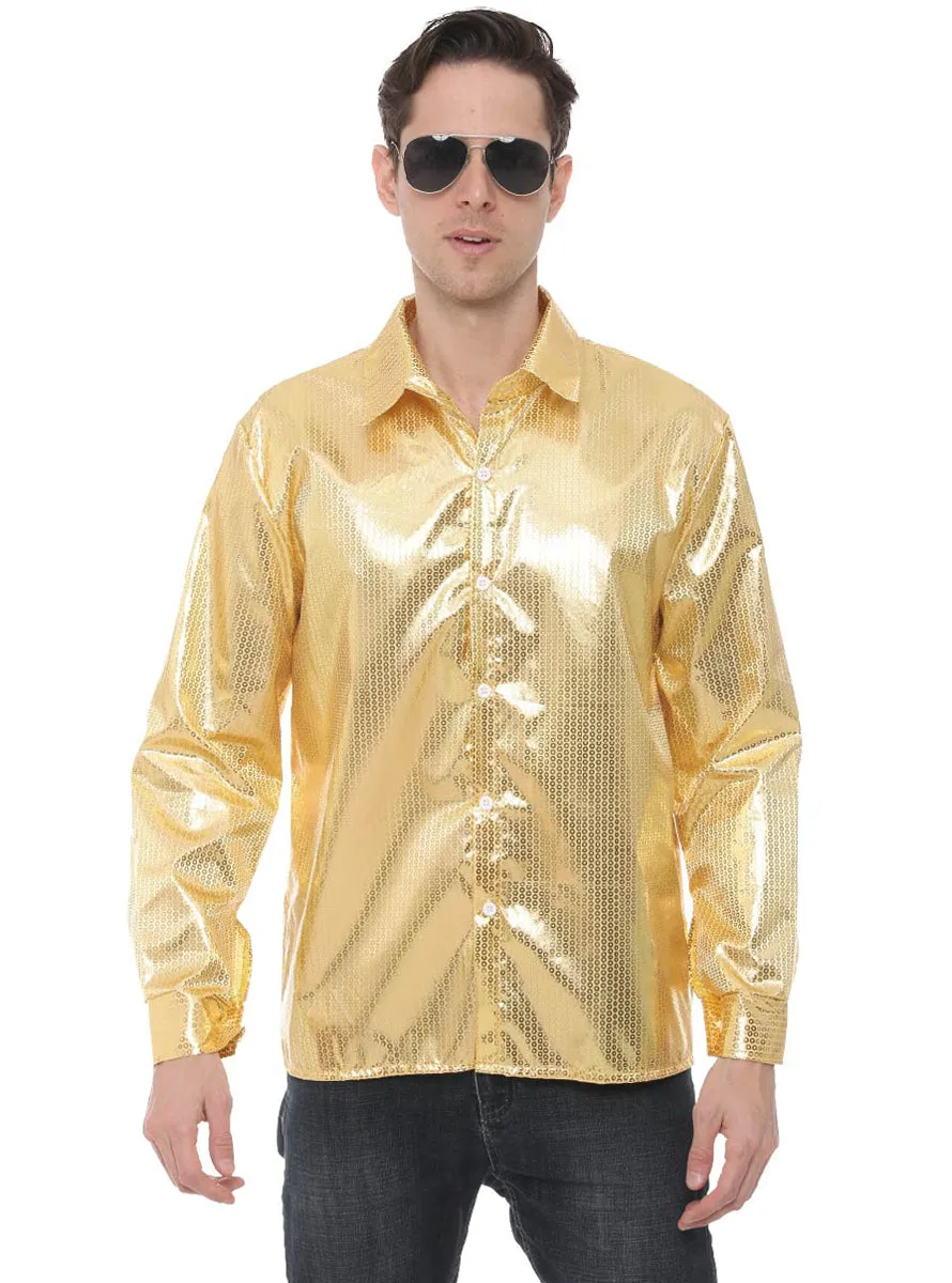 Sequined Mens 70s Gold Costume Disco Shirt