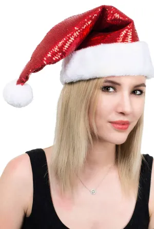 Sequined Red Santa Hat with Faux Fur Trim