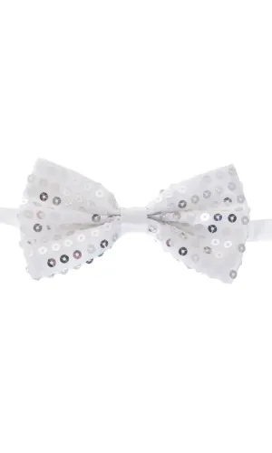 Sequined Silver Satin Bow Tie