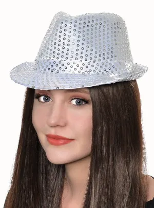 Sequined White and Silver Adults Fedora Hat