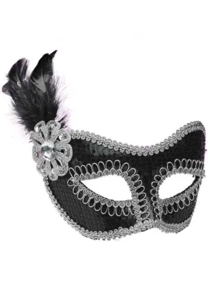 Sequinned Black and Silver Feather Masquerade Mask