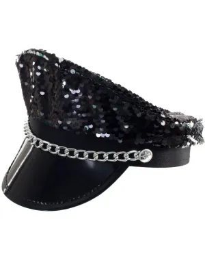 Sequinned Black Festival Hat with Silver Chain