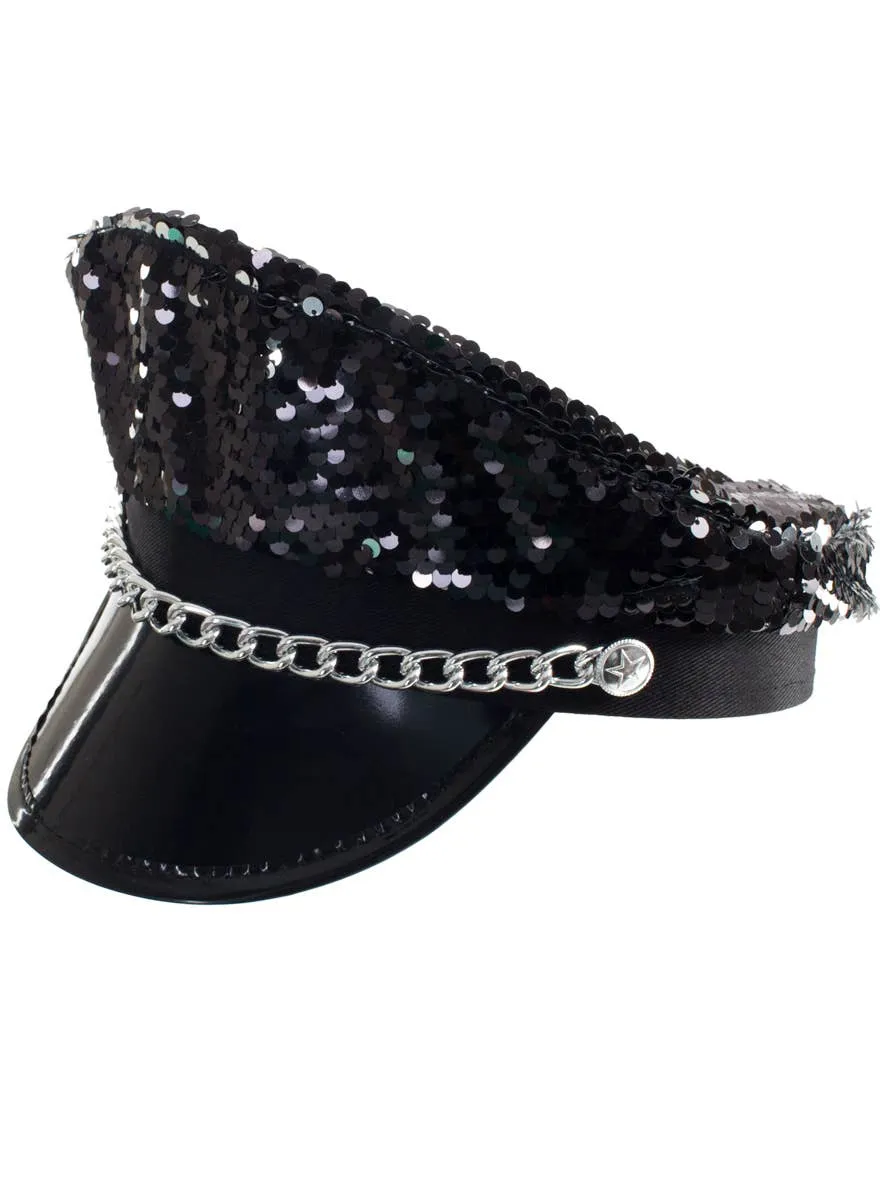 Sequinned Black Festival Hat with Silver Chain