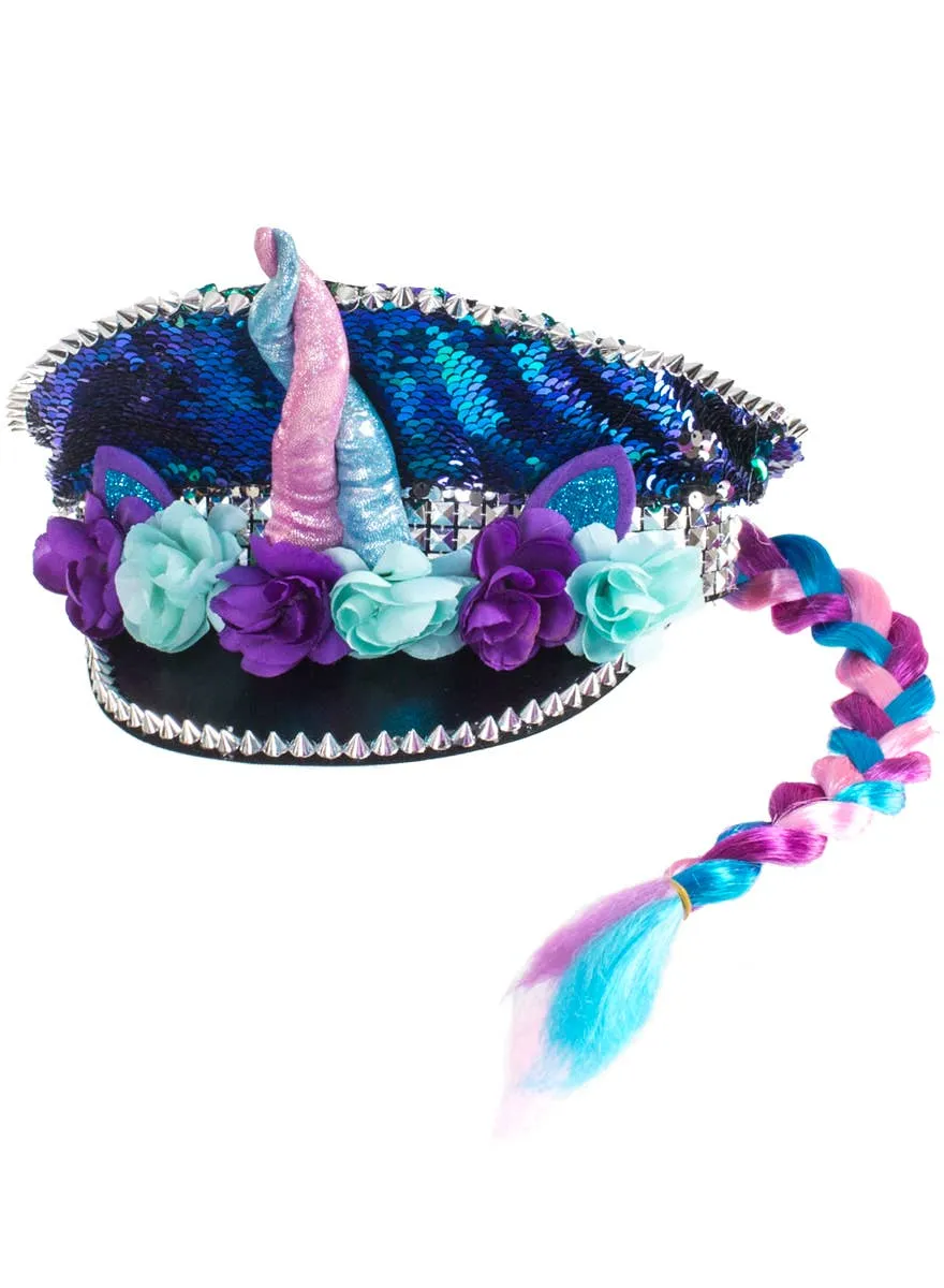 Sequinned Blue Festival Hat with Unicorn Horn and Braid