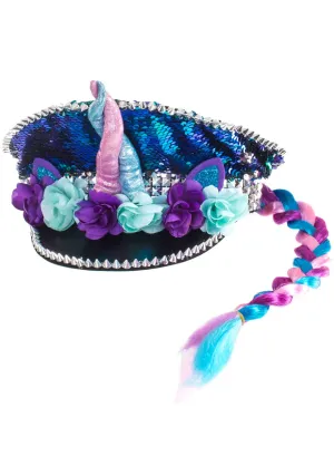 Sequinned Blue Festival Hat with Unicorn Horn and Braid