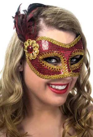Sequinned Red and Gold Feather Masquerade Mask