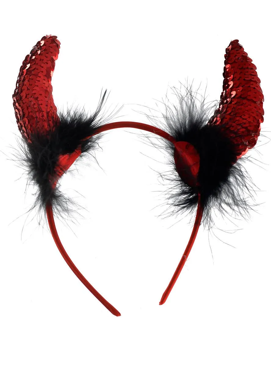 Sequinned Red Devil Horns with Black Feathers on Headband