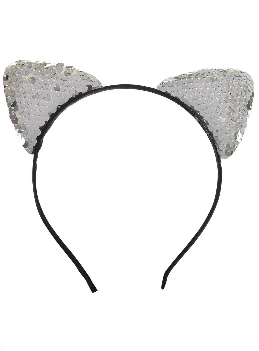 Sequinned Silver Cat Ears Headband Costume Accessory