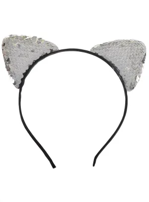 Sequinned Silver Cat Ears Headband Costume Accessory