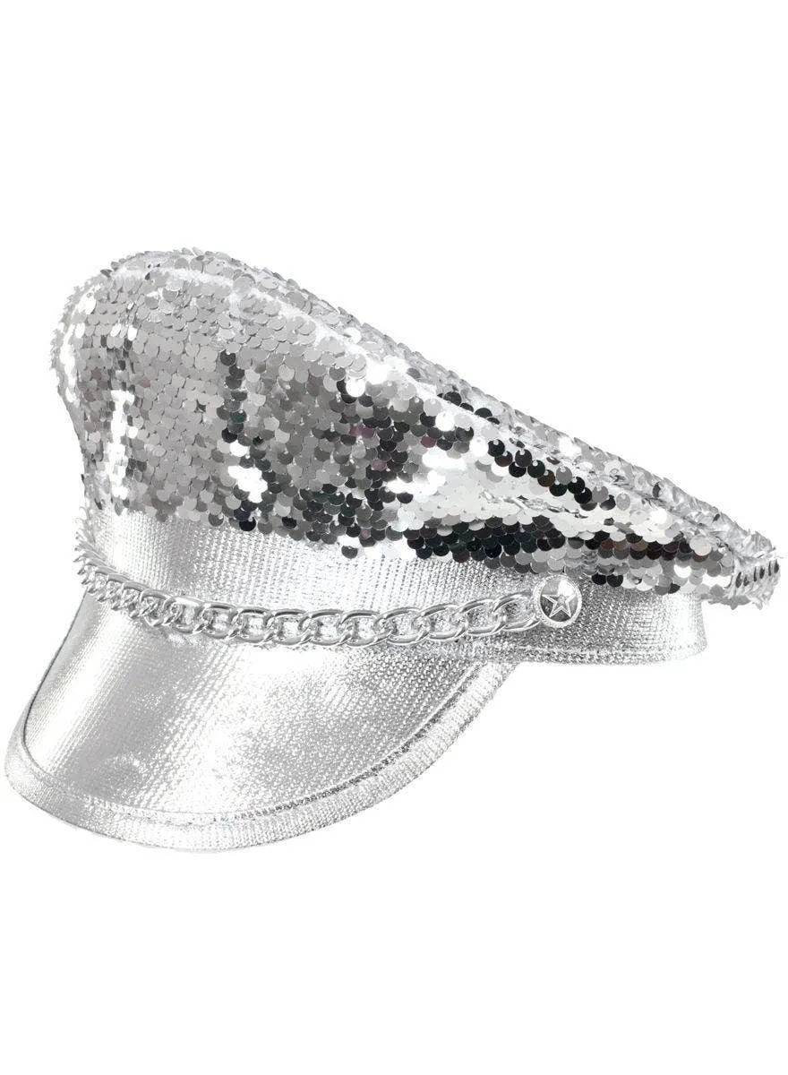 Sequinned Silver Festival Hat with Silver Chain