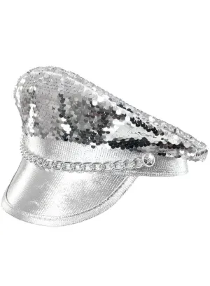 Sequinned Silver Festival Hat with Silver Chain