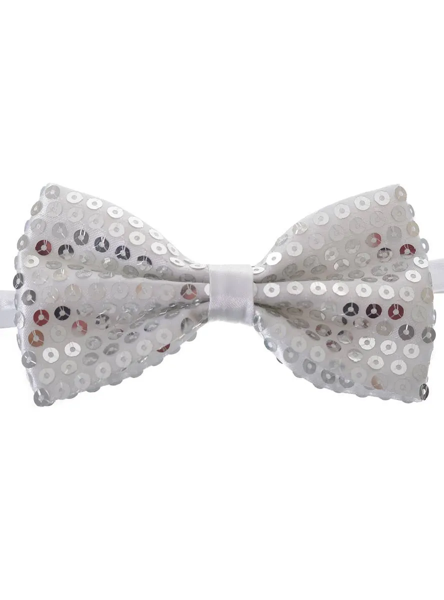 Sequinned Silver Satin Bow Tie Costume Accessory