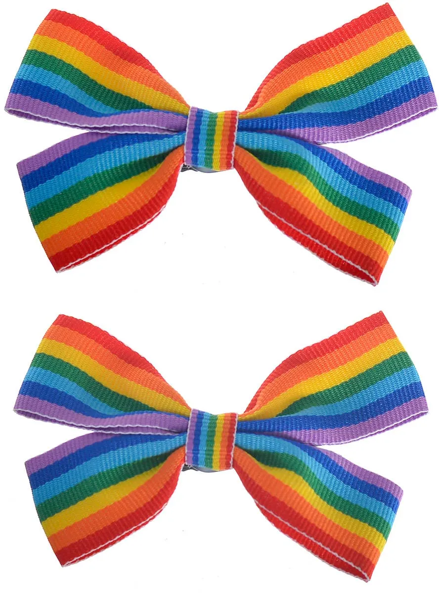 Set of 2 Rainbow Striped Mardi Gras Costume Hair Bows