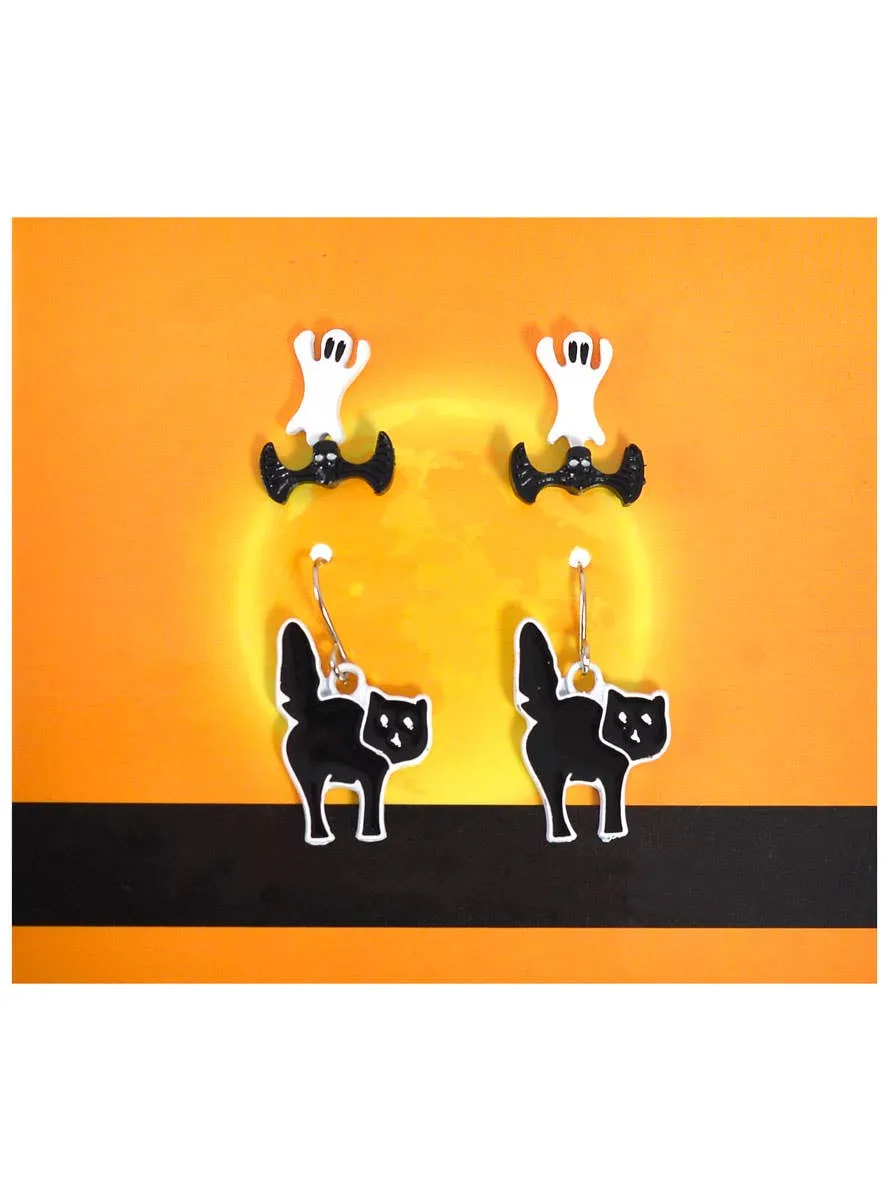 Set of 3 Ghost Bat and Cat Halloween Costume Earrings