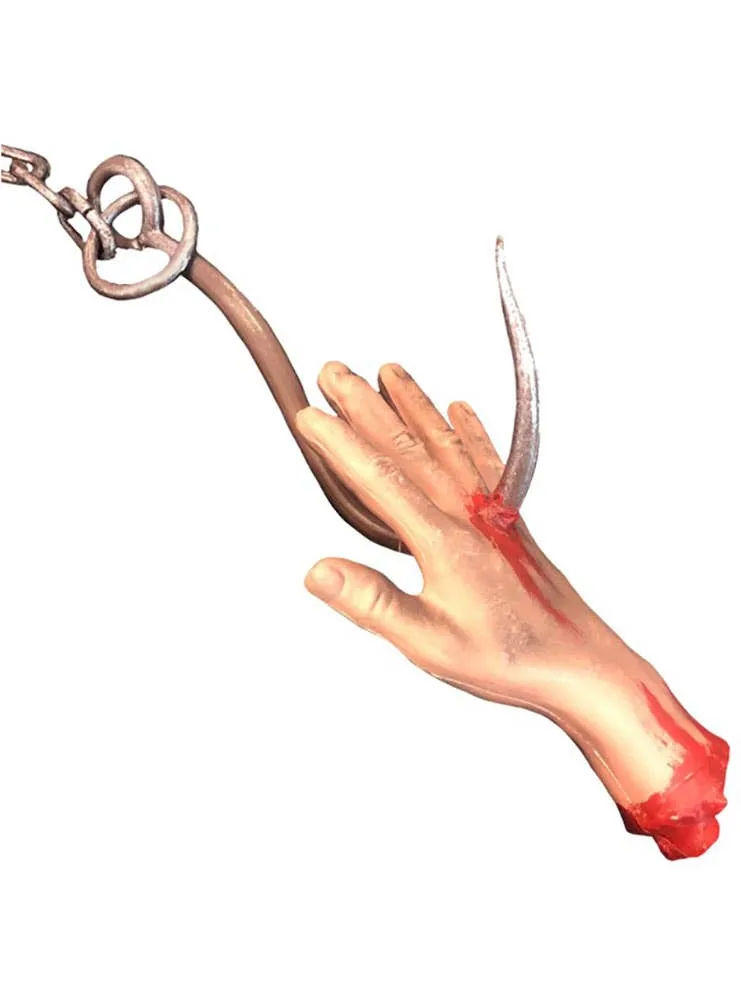 Severed Human Hand on Hook Halloween Decoration
