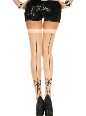 Sheer Beige Womens Thigh Highs with Backseam Bow Print