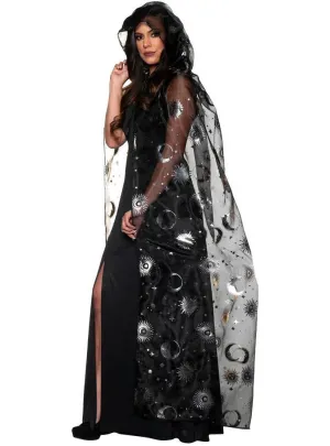 Sheer Black Celestial Silver Print Adults Costume Cape