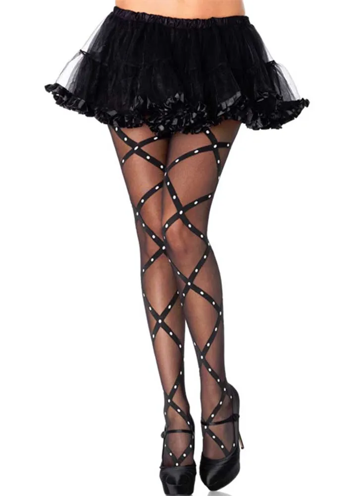 Sheer Black Criss Cross Pantyhose with Dots