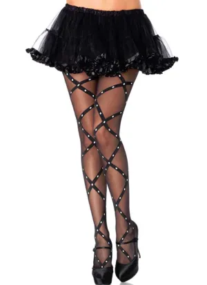 Sheer Black Criss Cross Pantyhose with Dots