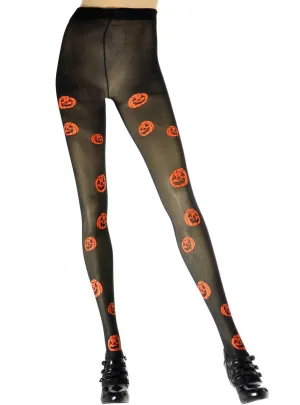 Sheer Black Full Length Pumpkin Halloween Stockings
