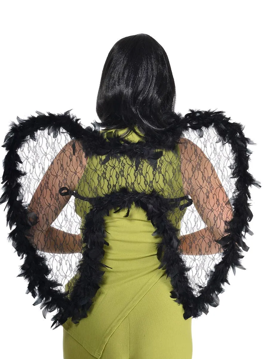 Sheer Black Lace Costume Wings with Feather Trim