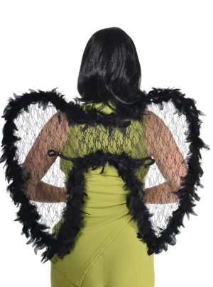Sheer Black Lace Costume Wings with Feather Trim