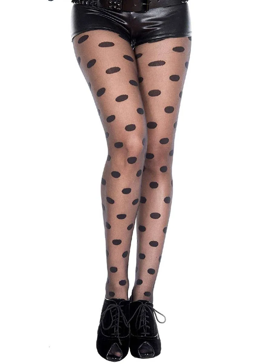 Sheer Black Pantyhose with Black Opaque Polka Dots