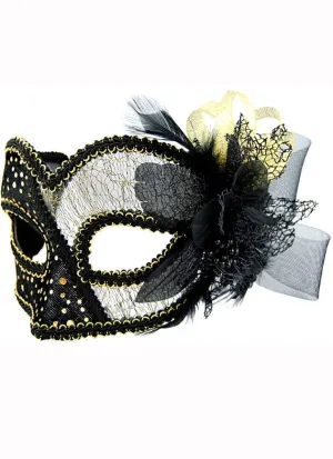 Sheer Lace Black and Gold Masquerade Mask on Glasses Arms