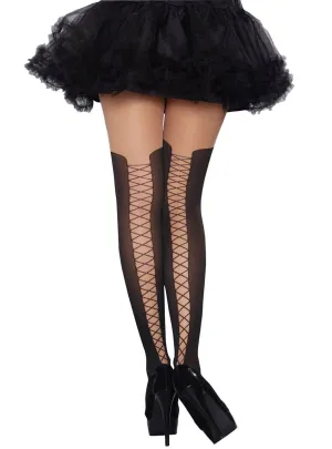Sheer Nude Full Length Pantyhose with Black Lace Up Boots Design