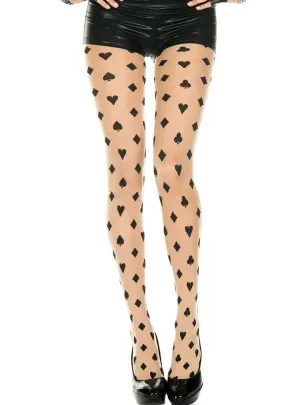 Sheer Nude Pantyhose with Black Card Suit Pattern