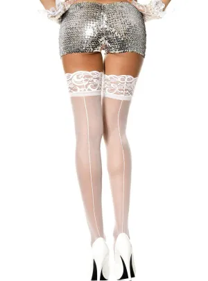 Sheer White Back Seam Thigh Highs with Lace Top