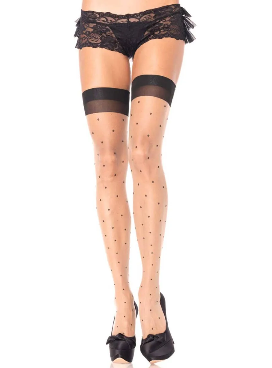 Sheer Womens Nude and Black Polka Dot Thigh Highs