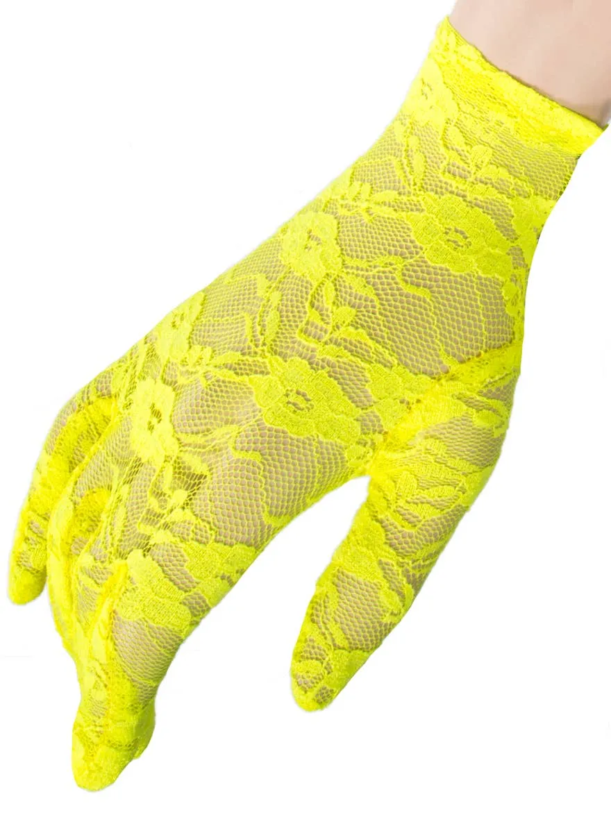 Short 1980s Neon Yellow Lace Costume Gloves