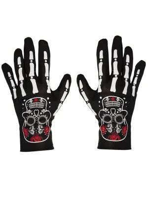 Short Black Day of the Dead Skeleton Costume Gloves