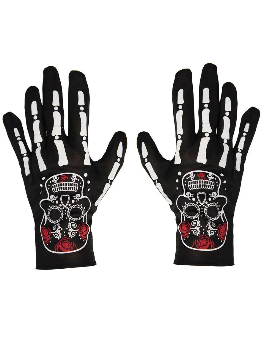 Short Black Day of the Dead Skeleton Costume Gloves