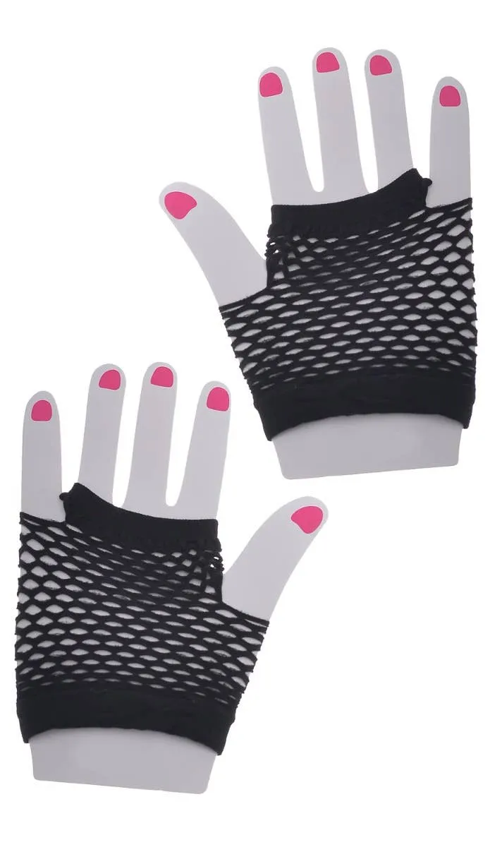 Short Black Fingerless Fishnet 1980s Costume Gloves
