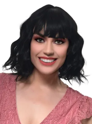 Short Black Wavy Bob Fashion Wig with Fringe and Skin Top Part