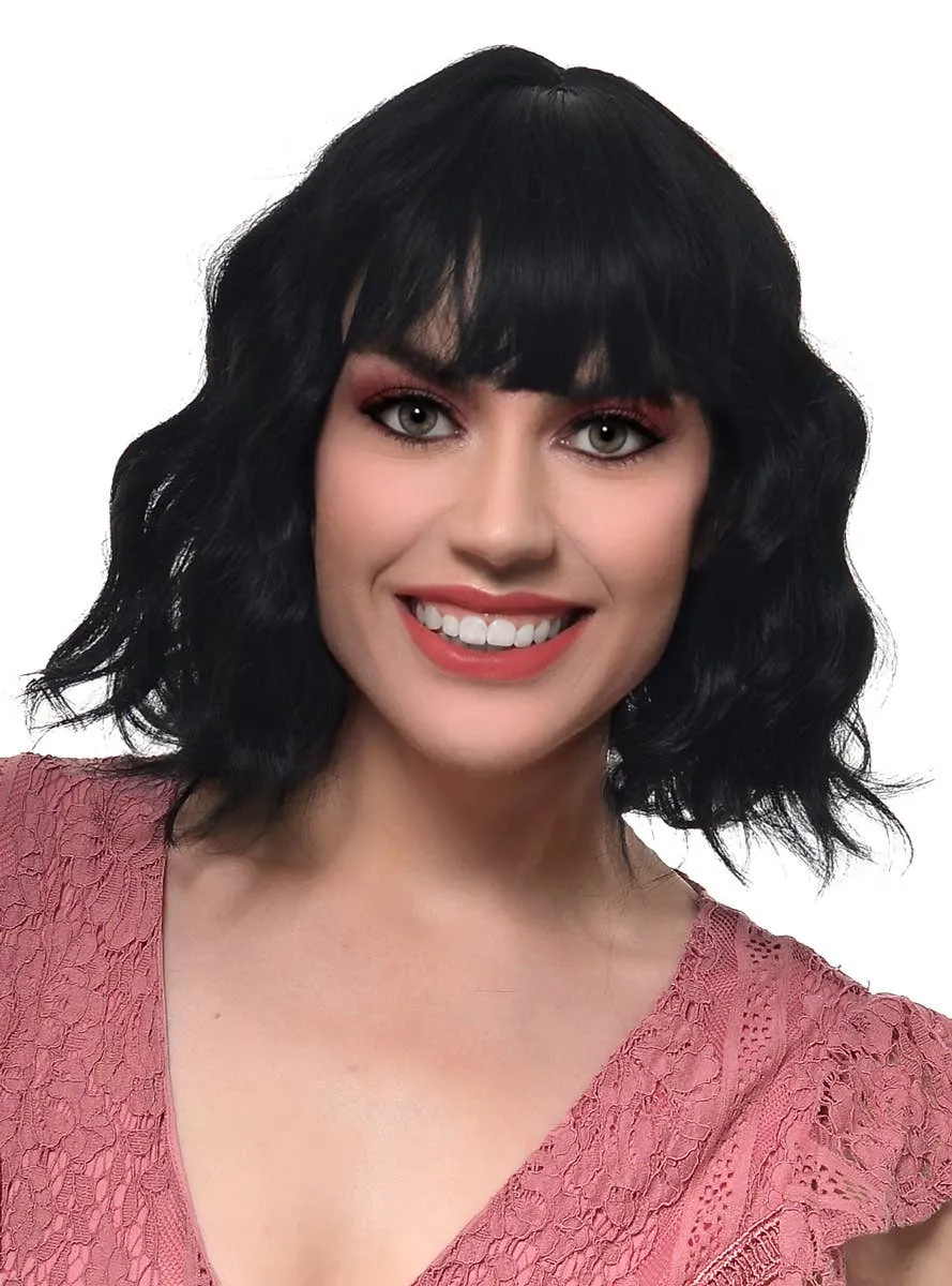 Short Black Wavy Bob Fashion Wig with Fringe and Skin Top Part