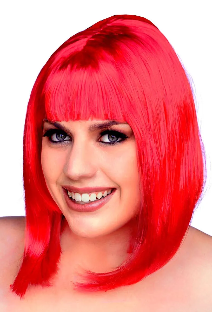 Short Bright Red Womens Beehive Bob Wig with Fringe