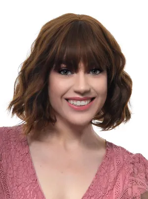Short Brown Wavy Bob Fashion Wig with Fringe and Skin Top Part