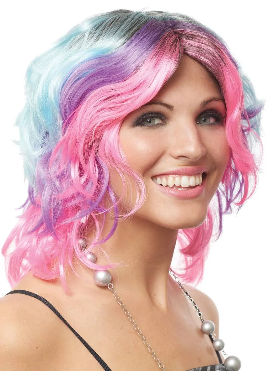 Short Curly Pastel Rainbow Womens Costume Wig