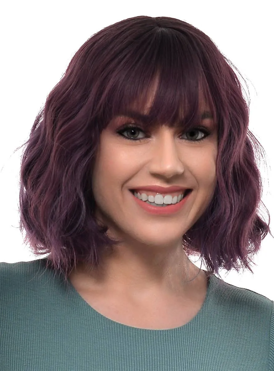 Short Deep Purple Wavy Bob Fashion Wig with Skin Top Part