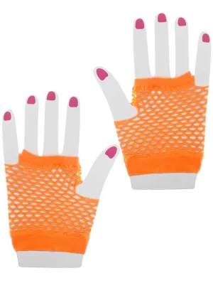 Short Fingerless Neon Orange Fishnet Costume Gloves
