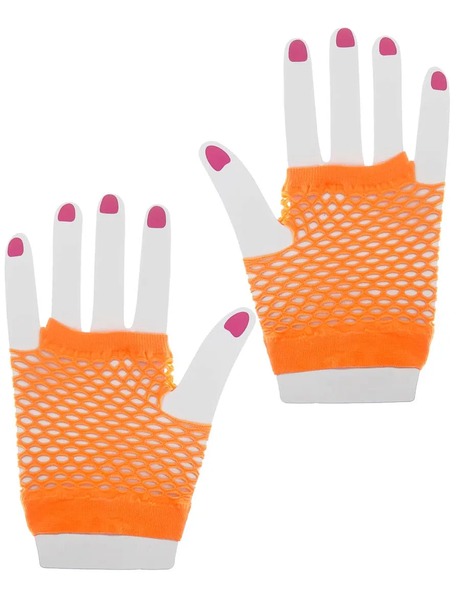 Short Fingerless Neon Orange Fishnet Costume Gloves