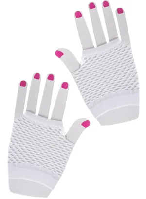 Short Fingerless White Fishnet Costume Gloves