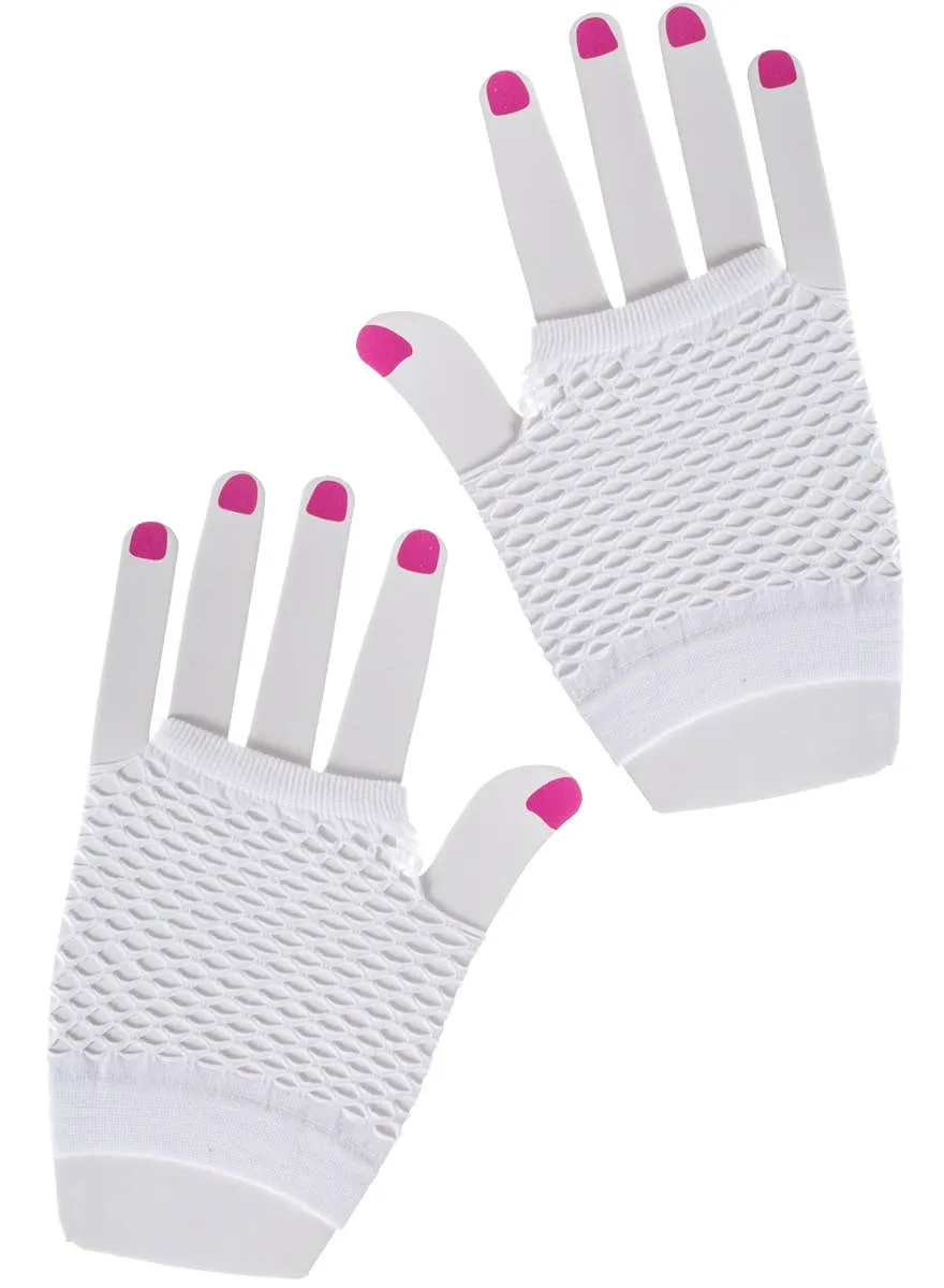 Short Fingerless White Fishnet Costume Gloves