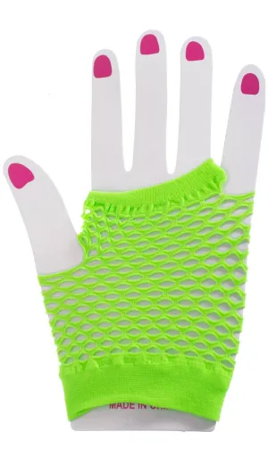 Short Fluro Green Fingerless Fishnet Gloves 80s Costume Accessory